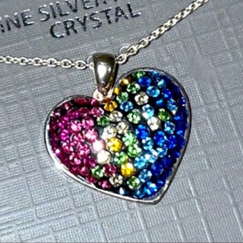Crystal-Ogy Rainbow Crystal heart necklace. Fine silver plated with 18” chain.